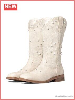 Pearl White Cowboy Boots Square Toe Mid-Calf Wedge Floral